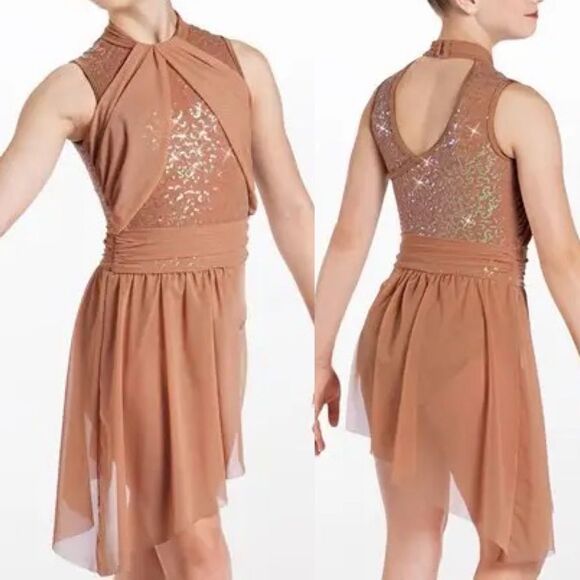 Weissman Dance Costume tan beige dress sequin mesh Hand In Hand 13443 LC - Picture 1 of 11